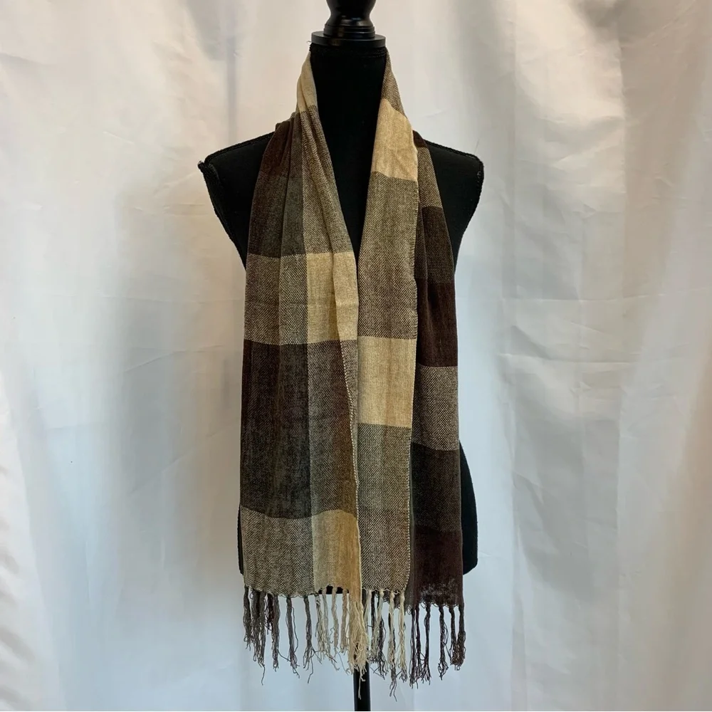 Brown tan cream soft check square print multicoloured shade scarf